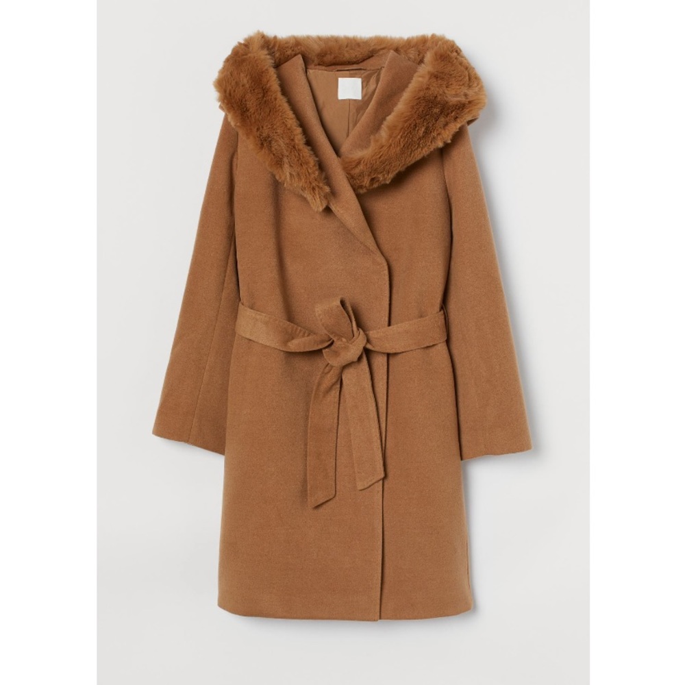 H&M Fur Hooded Coat in dark beige